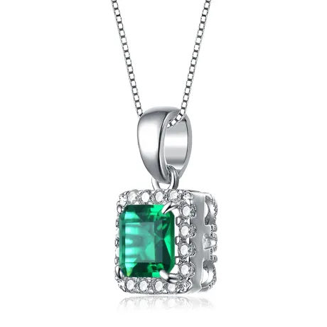 Sterling Silver with Colored Cubic Zirconia Asscher Cut Square Framed Drop Pendant Necklace