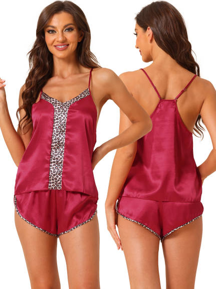 cheibear - Satin Leopard Cami Tops with Shorts Lounge Set