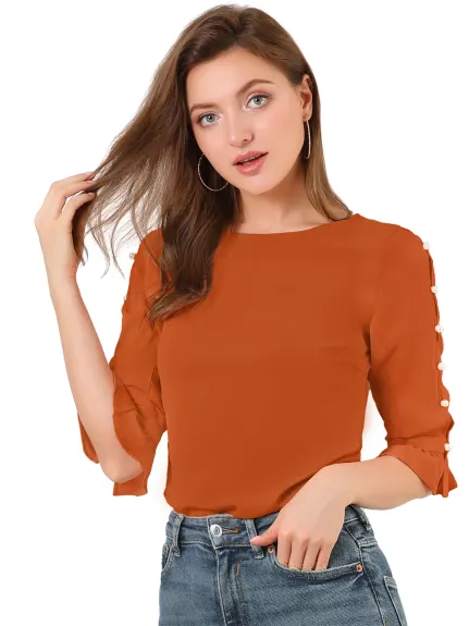 Allegra K- volants demi-manches Keyhole Casual Tops bouton Blouse solide Top