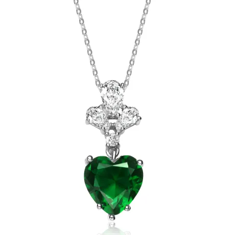 Genevive Sterling Silver Green Cubic Zirconia Heart Pendant Necklace