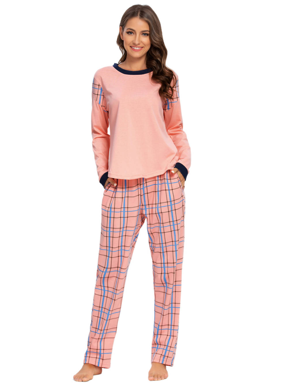 cheibear - Lounge Round Neck with Plaid Pants Pajama Set
