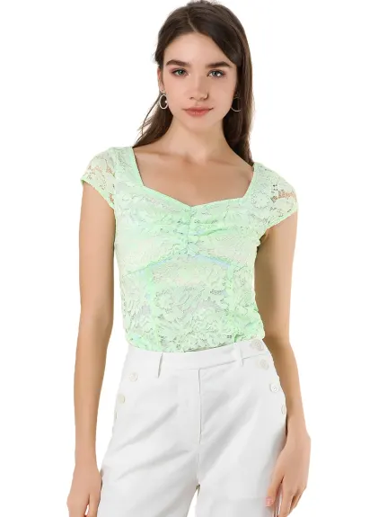 Allegra K - Sweetheart Neck Ruched Vintage Lace Blouse