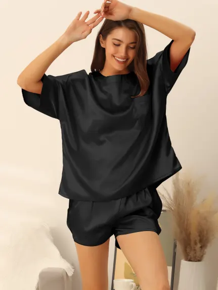 cheibear - Satin Sleepwear 2pcs Lounge Shorts and T-Shirt