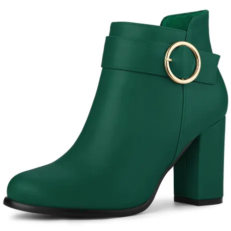 Allegra K - Round Toe Circle Buckle Heeled Ankle Boots