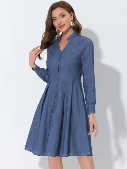Allegra K- Vintage V robe à col plissé manches longues Chambray