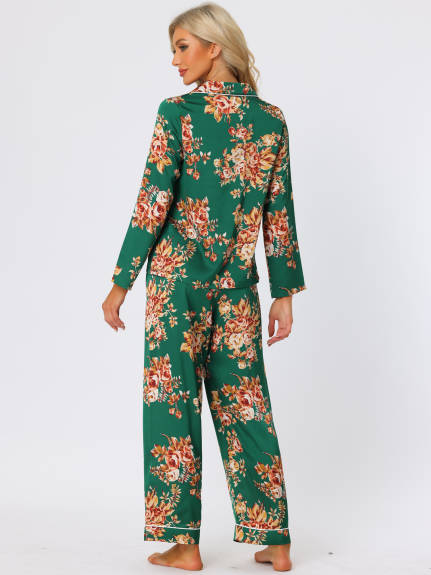 cheibear - Floral Sleep Shirt Long Pants Satin Pj Sets
