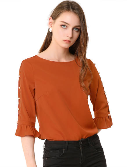 Allegra K- Ruffle Half Sleeve Keyhole Casual Tops Button Solid Blouse Top