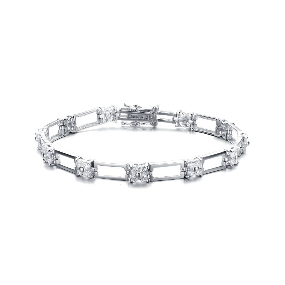 Genevive Sterling Silver White Gold Plated with Clear Cubic Zirconia Flower Design Bracelet