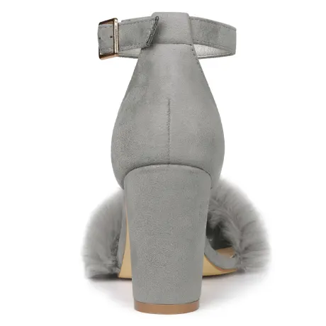 Allegra K - Faux Fur Strap Block Heels Sandals