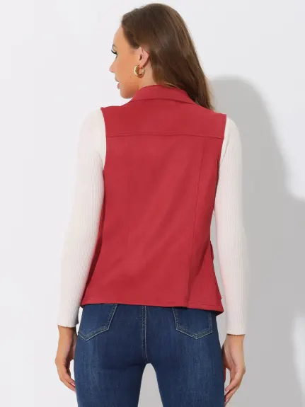 Allegra K- Faux Suede Vest Buttoned Jacket with Cargo Pocket