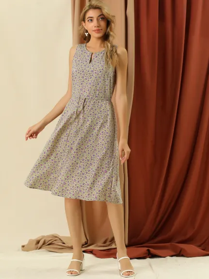 Allegra K- Drawstring Printed Sleeveless A-Line Dress