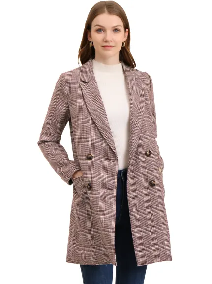 Allegra K- Notched Lapel Double Breasted Plaid Blazer