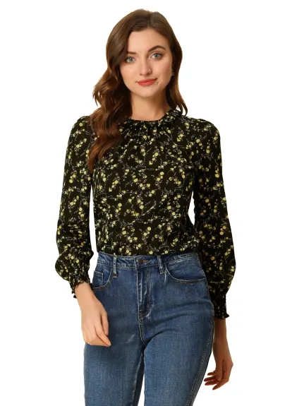 Allegra K- Smocked Cuff Ruffled Crew Neck Floral Blouse
