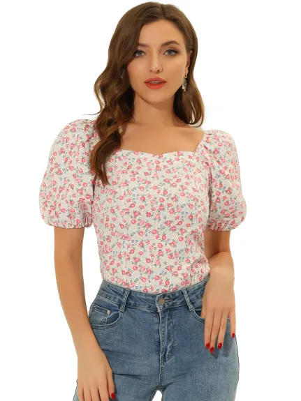 Allegra K- Puff Sleeve Sweetheart Neck Smocked Floral Top
