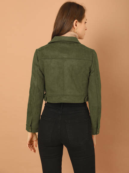 Allegra K- Faux Suede Notched Collar Button Up Cropped Jacket