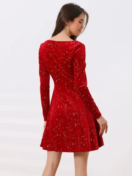 Allegra K- Velvet Stars Square Neck Mini Dress