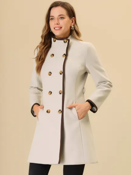Allegra K- Double Breasted Stand Collar Long Trenchcoat