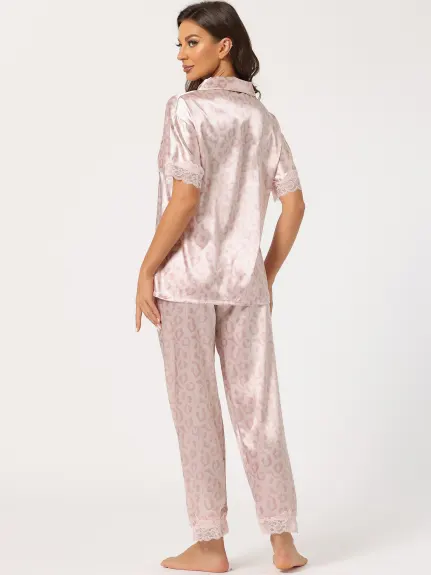 cheibear - Button Down Satin Floral Summer Pajamas Set