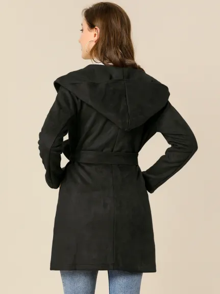 Allegra K- Faux Suede Lapel Hooded Wrap Belted Trench Coat