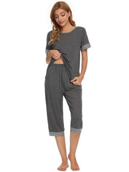 cheibear - Summer Round Neck Pajama Set with Capri Pants