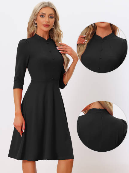 Allegra K- Vintage 3/4 Sleeves Stand Collar Work Elegant A-Line Dress