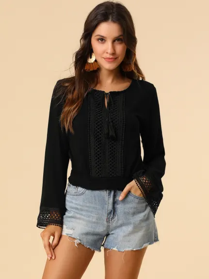 Allegra K- Lace Tie Neck Bell Sleeve Cropped Top