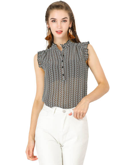 Allegra K- Ruffle Sleeveless Button Up Print T-Shirt Blouse