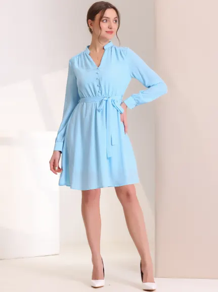 Allegra K- V Neck Button Decor Long Sleeve Belted Chiffon Dress