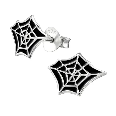 Sterling Silver Black Spiders Web Stud Earrings  - Ag Sterling