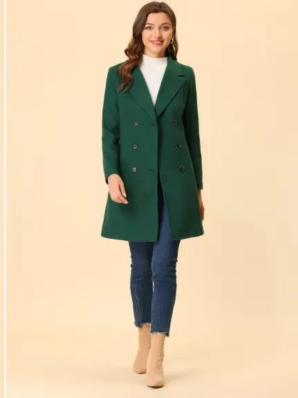 Allegra K- Notched Lapel Double Breasted Long Trenchcoat
