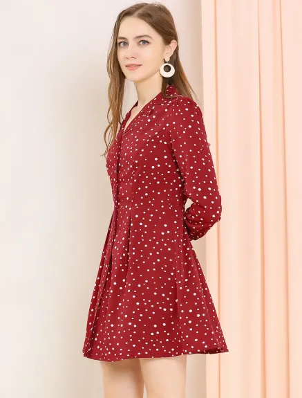 Allegra K- Polka Dots Notched Lapel V-Neck Shirt Dress