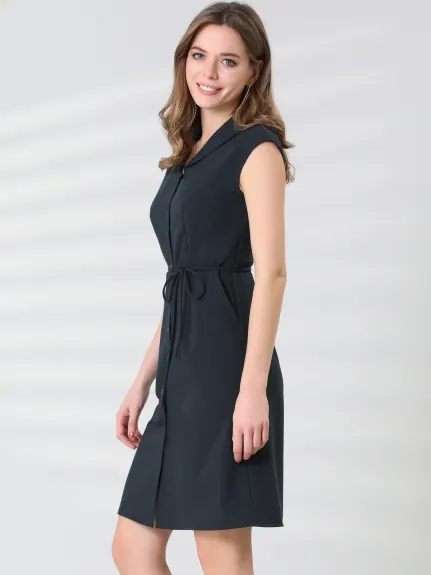 Allegra K- Cap Sleeve Camp Collar Button Down Tie Waist Knee Length Dress