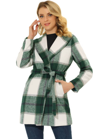 Allegra K- Manteau d'hiver portefeuille ceinturé à col châle et carreaux