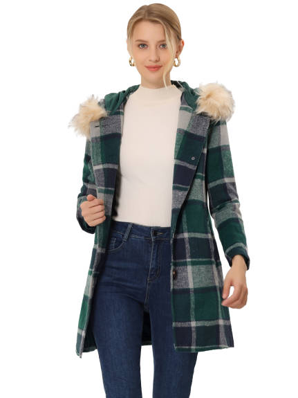 Allegra K- Detachable Faux Fur Trim Plaid Overcoat with Hood