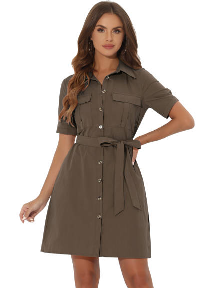 Allegra K- Button Down Safari Pocket Belted Shirt dress