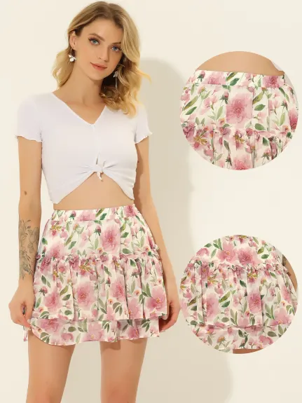 Allegra K- Floral Print A-Line Ruffle Mini Skirt