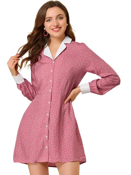Allegra K- Polka Dots Notched Collar Shirt Dress