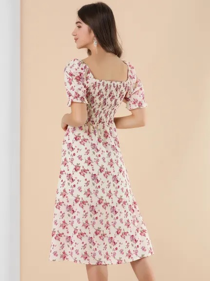 Allegra K- Square Neck Puff Sleeves Midi Smocked Floral Dress