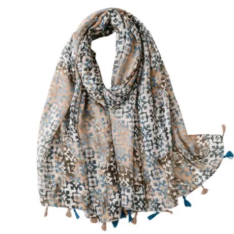 Blue & Beige Ornate Patterned Chiffon Scarf - Don't AsK