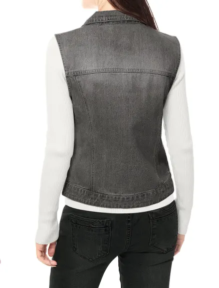Allegra K- Washed Denim Buttoned Vest with Flap Pockets