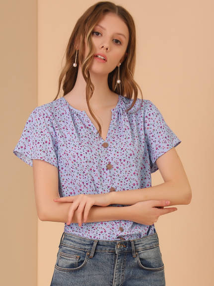 Allegra K - Ruffle Short Sleeve Button Ditsy Floral Blouse