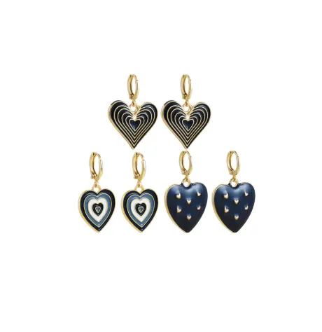 Ensemble de 3 paires de créoles en forme de cœur noires et bleues marine en doré- Don't AsK