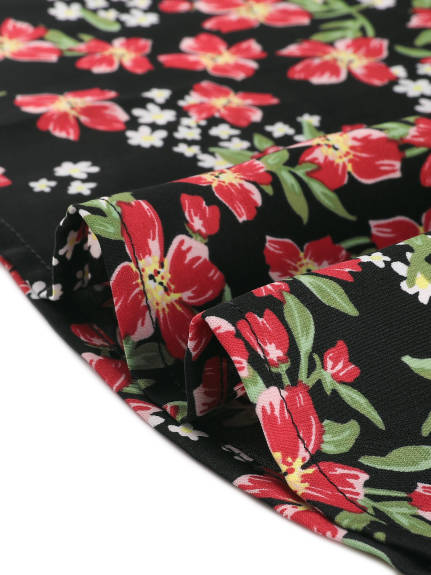 Allegra K- Floral Tie Neck 3/4 Sleeve Midi Flowy Flare Dress