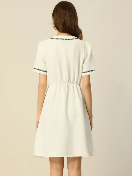 Allegra K- Half Placket Short Sleeve Textured A-Line Dress