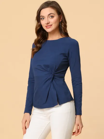 Allegra K- Round Neck Front Twist Top Ruched Long Sleeve Blouse