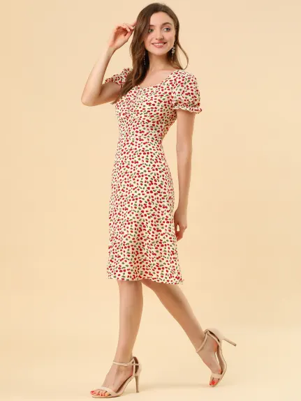 Allegra K- Floral Sweetheart Cherry Print Flare Dress