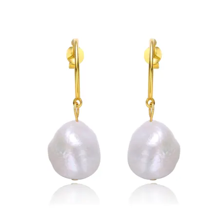 Genevive Sterling Silver 14k Yellow Gold Plated with Baroque Oval White Pearl Dangle Drop C-Hoop Earrings