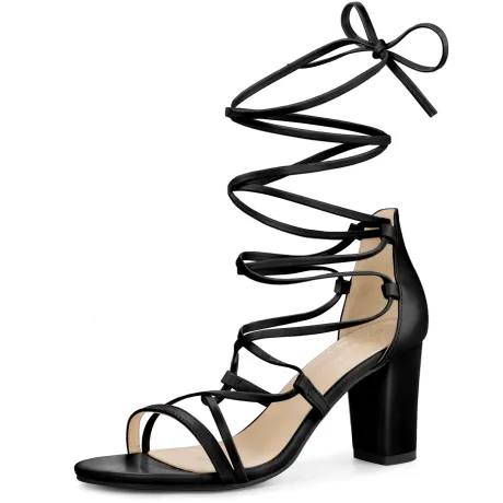 Allegra K - Strappy Faux Leather Chunky Heel Sandals