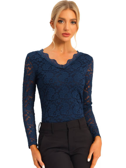 Allegra K- Women's Floral Embroidery Sheer Long Sleeves Lace Blouse Top