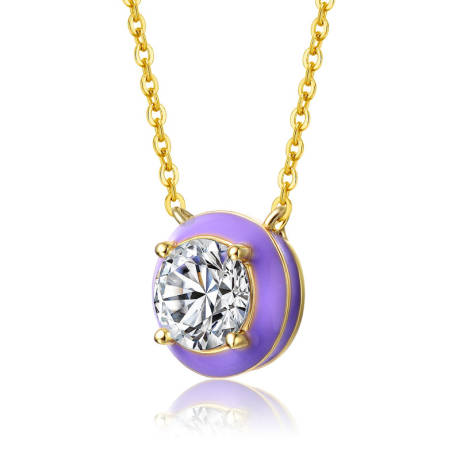 Collier pendentif rond en plaqué or jaune 14 carats avec zircone cubique transparente en émail violet